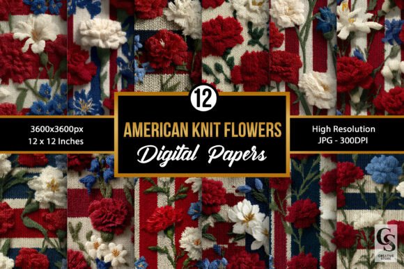 American Knitted Red Blue Floral Pattern