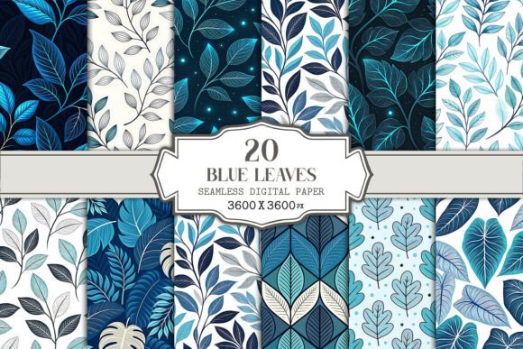 Blue Leaves Seamless Pattern Bundle
