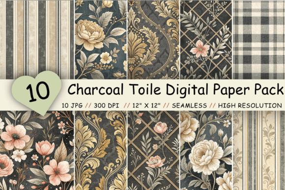 Charcoal Toile Digital Paper Pack
